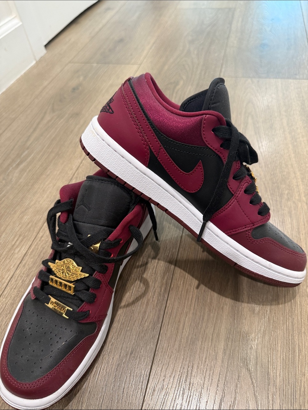 Jordan Women's Low Sneaker in Burgundy, Black & White with Gold Accents - Picture 3 of 3